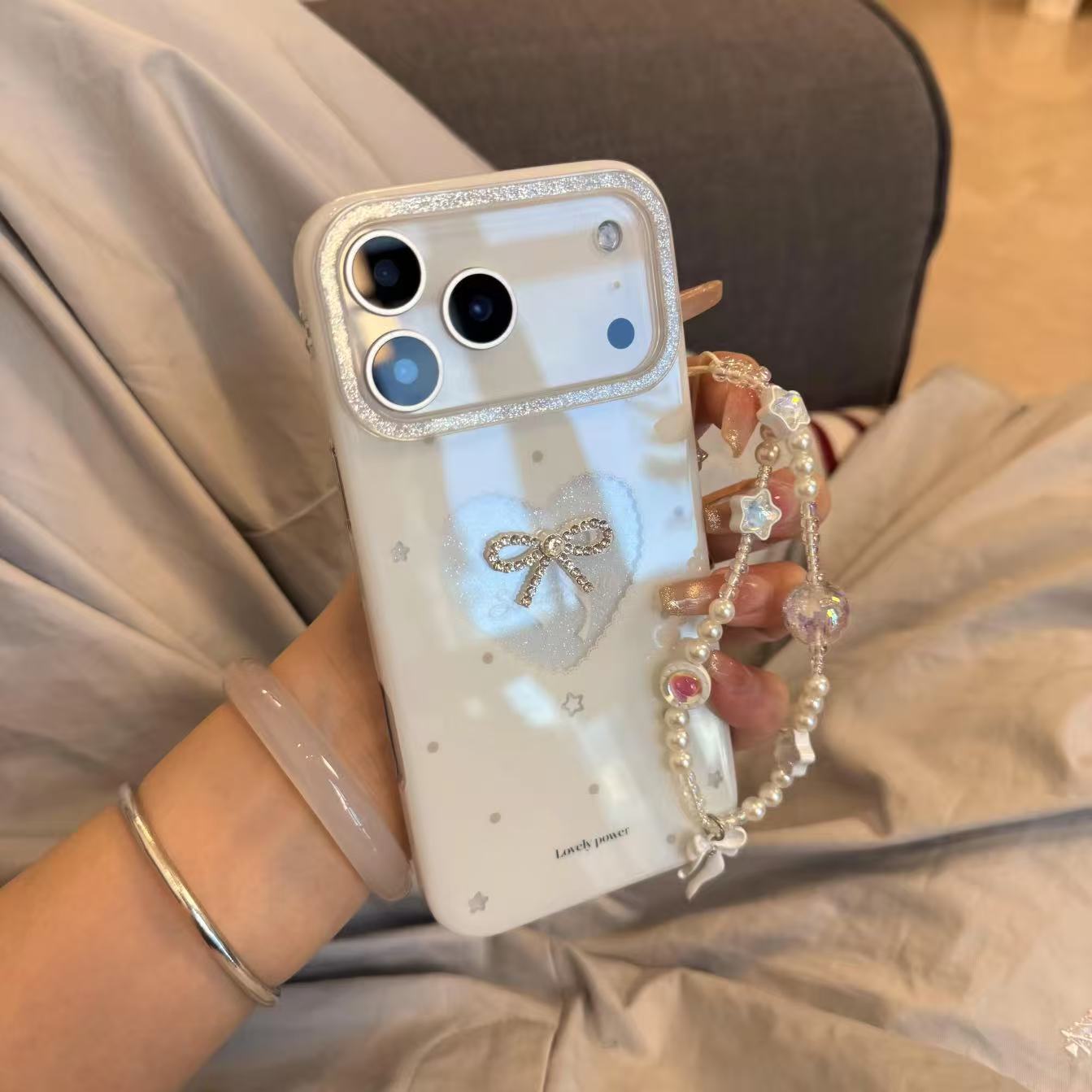 蝴蝶结爱心苹果17pro手机壳iPhone16promax手提15挂链串珠14少女13硅胶12立体11可爱xr卡通8plus简约透明大孔