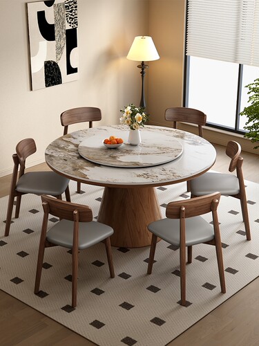 轻奢岩板实木餐桌椅组合家用小户型圆形桌现代简约多功能吃饭桌子