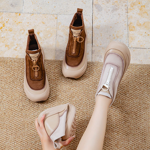 欧卡汇高帮鞋女2025新款厚底真皮女鞋防滑休闲百搭防水台单鞋增高