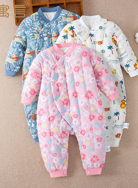 婴儿手工棉衣加棉哈衣秋冬季棉花爬服新生儿宝宝斜襟保暖连体衣