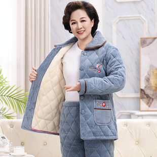 睡衣女秋冬款加厚加绒珊瑚绒三层夹棉中老年人保暖妈妈家居服冬季