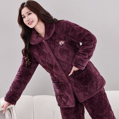 睡衣女冬季加厚加绒珊瑚绒三层夹棉中老年妈妈保暖家居服秋冬新款
