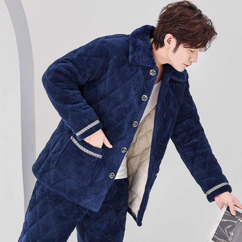 男士睡衣冬季珊瑚绒三层夹棉加厚加绒法兰绒保暖秋冬款家居服套装