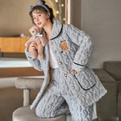 睡衣女冬季 三层加厚加绒珊瑚绒夹棉袄法兰绒保暖女士家居服秋冬款