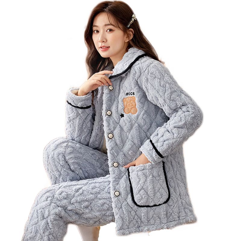 轩朵淇珊瑚绒夹棉加绒加厚睡衣女