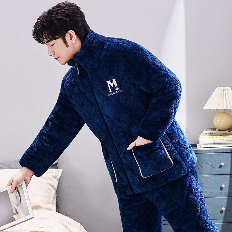 男士睡衣秋冬季加厚珊瑚绒三层夹棉冬款保暖法兰绒家居服拉链套装
