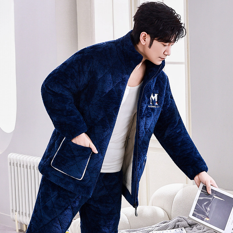 睡衣男冬季加厚加绒珊瑚绒三层夹棉保暖男士立领家居服秋冬款套装