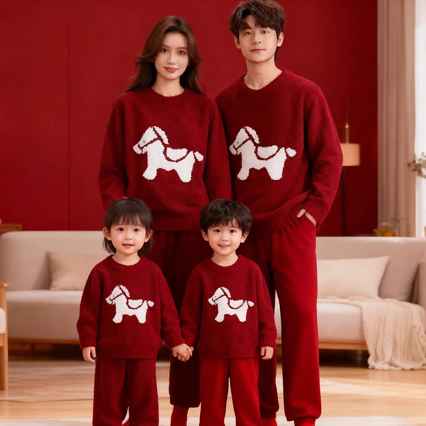 马年红色亲子睡衣过年家居服三口