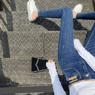 潮 女2025年春秋紧身显瘦开叉九分小脚裤 秒变腿精 蓝色高腰牛仔裤