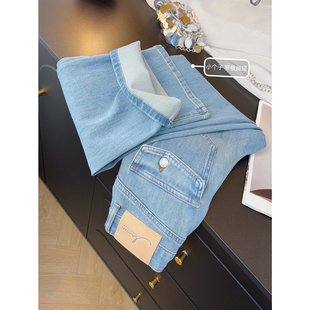 四面弹翻盖口袋~浅蓝色直筒牛仔裤女2026春季窄版阔腿裤宽松裤子