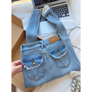 女冬厚绒高腰弹力显瘦紧身九分小脚裤 小个子靴裤 浅色加绒牛仔裤