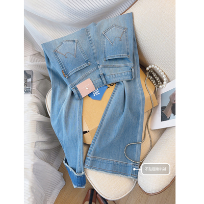 高品质四面弹~浅蓝色微喇牛仔裤