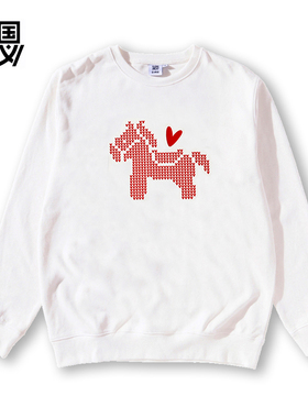 衫国演义CAVE马年新年款男女情侣装抓绒圆领卫衣白色马上有爱