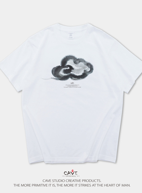 衫国演义CAVE重磅宽松圆领T恤男女款夏季纯棉短袖浮云