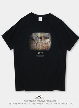 衫国演义CAVE重磅宽松圆领T恤男女款夏季纯棉短袖岩画