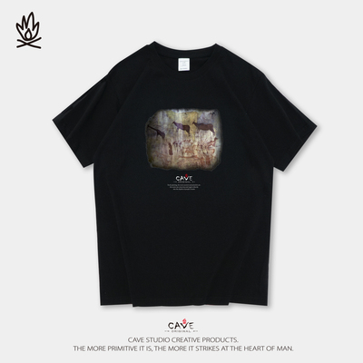 衫国演义CAVE重磅宽松圆领T恤男女款夏季纯棉短袖岩画