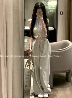 Mengling梦玲 假日松弛 浅灰纯棉系绳低腰慵懒松弛柔软休闲长裤