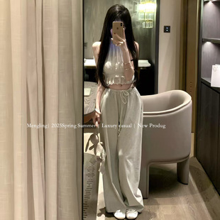 浅灰纯棉系绳低腰慵懒松弛柔软休闲长裤 Mengling梦玲 假日松弛