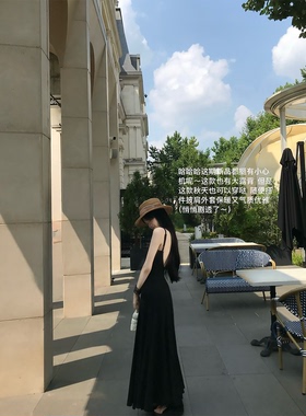 Mengling梦玲 庄园悠步 黑色基础方领大露背收腰大裙摆吊带连衣裙