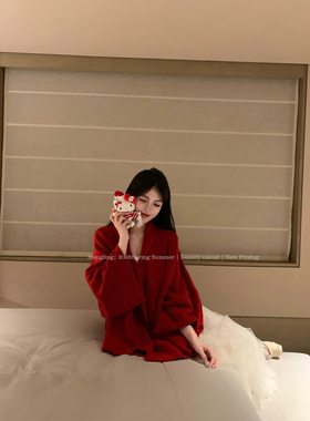 Mengling梦玲 新年快乐 红色节日氛围宽松慵懒简约毛衣开衫