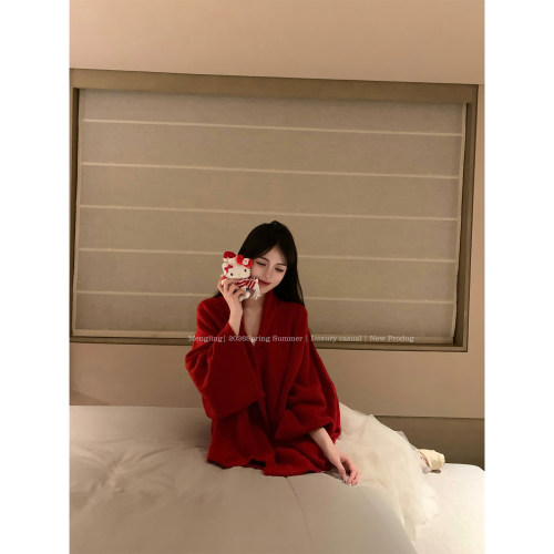 Mengling梦玲 新年快乐 红色节日氛围宽松慵懒简约毛衣开衫