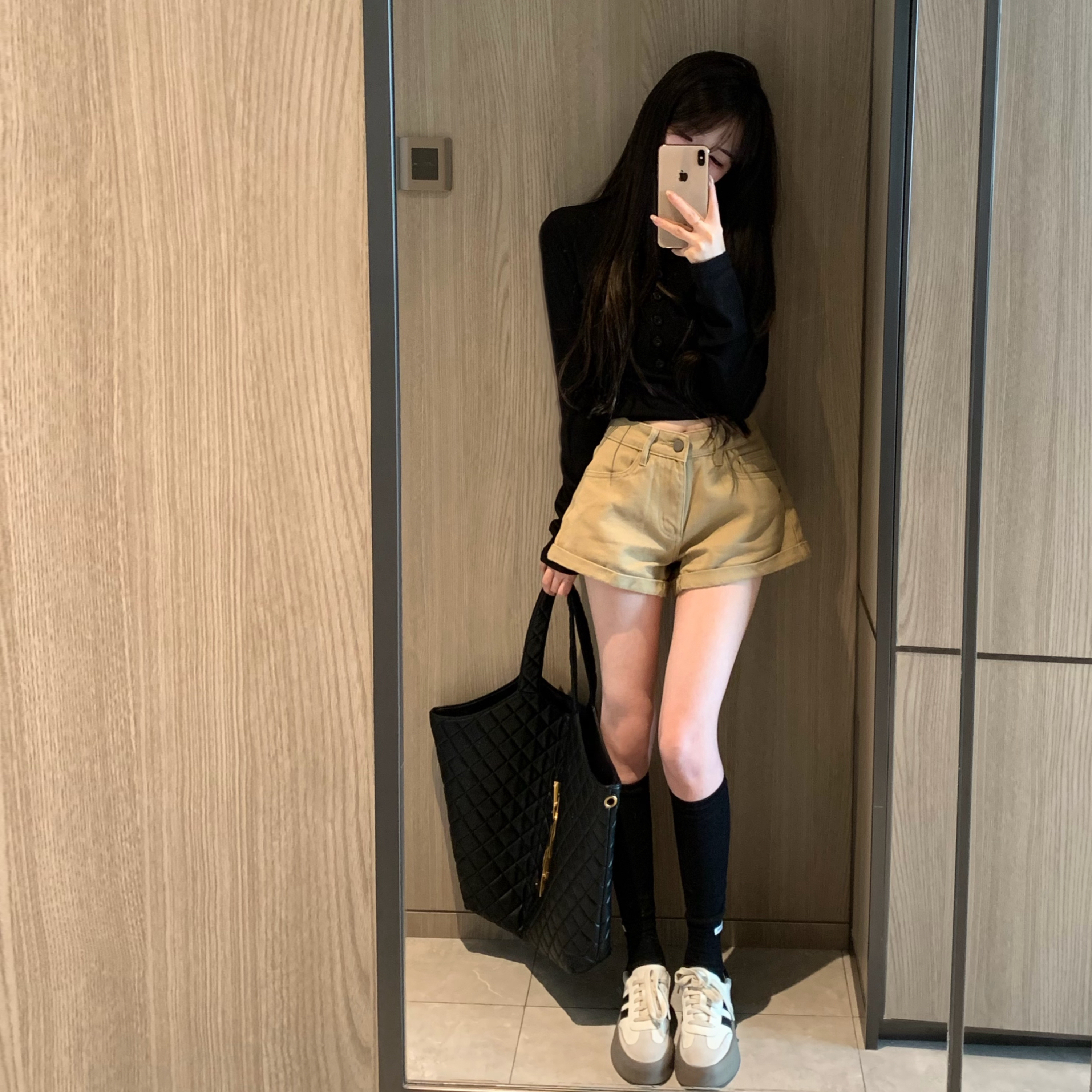 Mengling梦玲 美式姐系 卡其色休闲牛仔短裤女百搭经典阔腿热裤