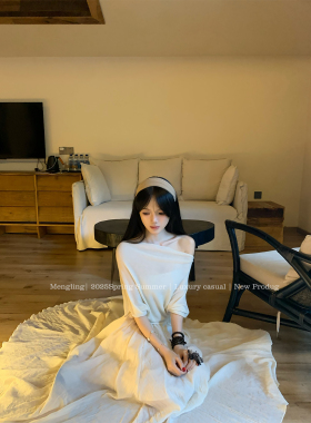 Mengling梦玲 软软假期 慵懒舒适休闲百搭日常斜肩两穿针织上衣