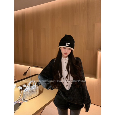Mengling梦玲 miu系韩妹 学院风假两件慵懒花灰色宽松女套头毛衣