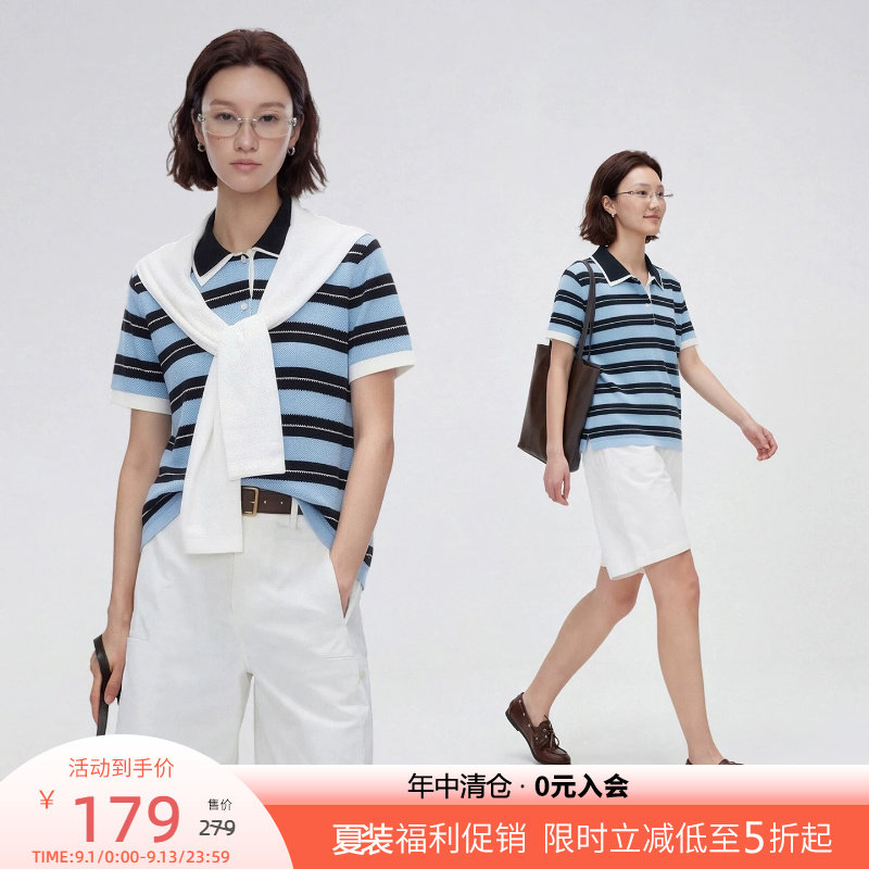 云上生活【海盐黑巧】黑蓝条纹微松正肩POLO针织衫短袖2026夏上衣图片