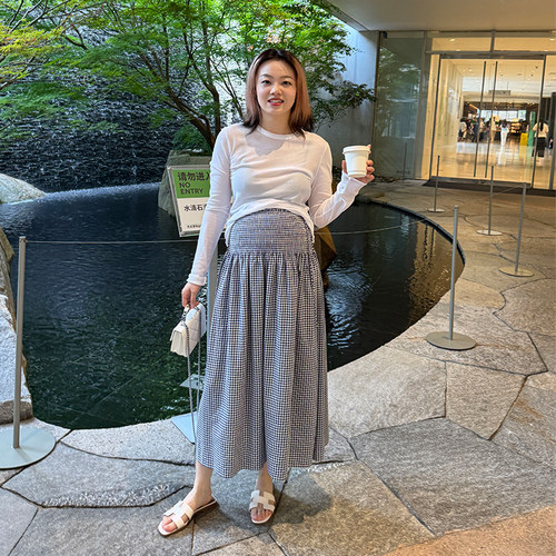 孕妇装2026新款夏装套装薄棉长袖T恤打揽格子半身裙两件套春装