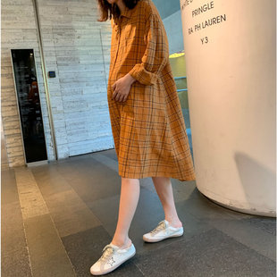 宽松格子衬衫 上衣长袖 中长款 连衣裙外出网红款 孕妇装 辣妈个性 春款