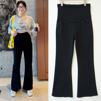孕妇裤子牛仔裤秋冬款外穿黑色直筒阔腿喇叭裤冬季加绒加厚孕妇装