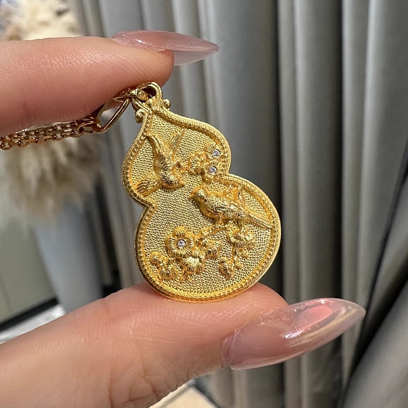 黄金足金999天然真钻錾刻喜鹊登梅葫芦孟庆国非遗吊坠项链古法金