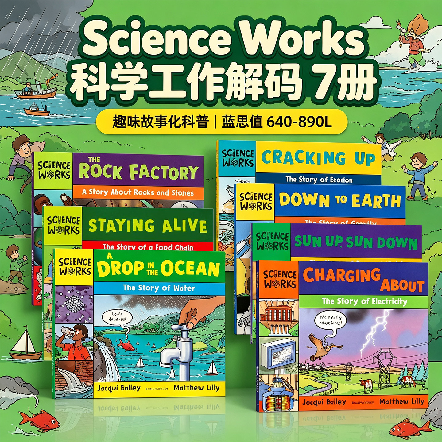Science Works科学工作解码系列7册 水 岩石 地心引力 食物链 侵蚀 白天和黑夜 英文原版 少儿趣味卡通科普读物带实验拓展知识索引