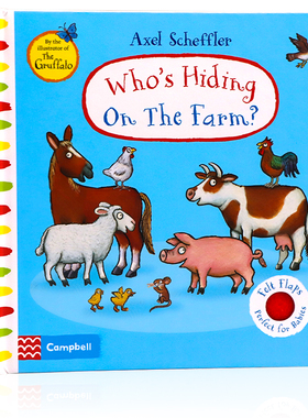 进口英文原版绘本 谁躲在农场里纸板触摸翻翻书 Who's Hiding on the Farm咕噜牛插画家Axel Scheffler 0-3岁儿童启蒙认知亲子互动