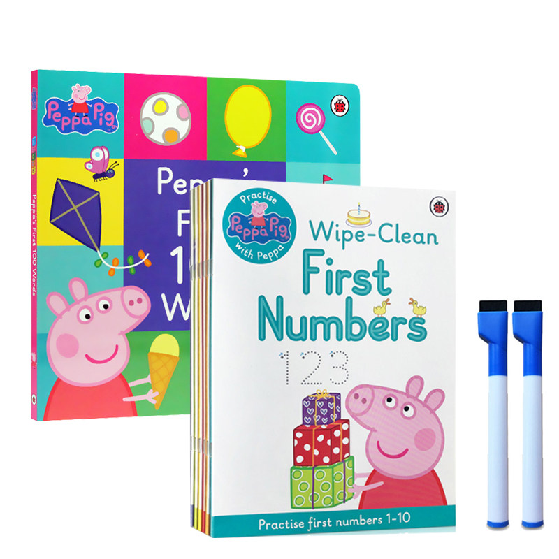 进口英文原版正版 小猪佩奇100个单词纸板书 Peppa Pig First 100 WordsWipe-Clean workbook 可重复擦写刷刷笔7册合售粉红猪小妹