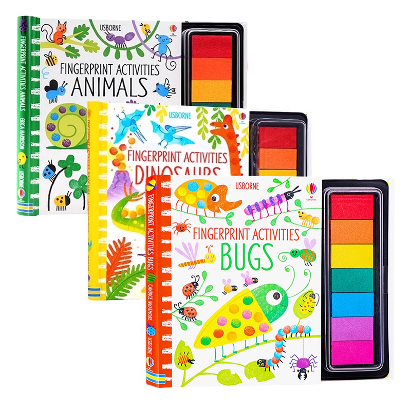 Usborne出品 创意指印游戏书3册 恐龙 动物 英文原版绘本 Fingerprint Activities Dinosaurs Garden儿童创意绘画DIY艺术启蒙培养
