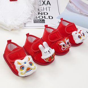 秋季 百天周岁鞋 婴儿鞋 一岁男女宝宝红色兔头抓周布鞋 虎头鞋 新中式
