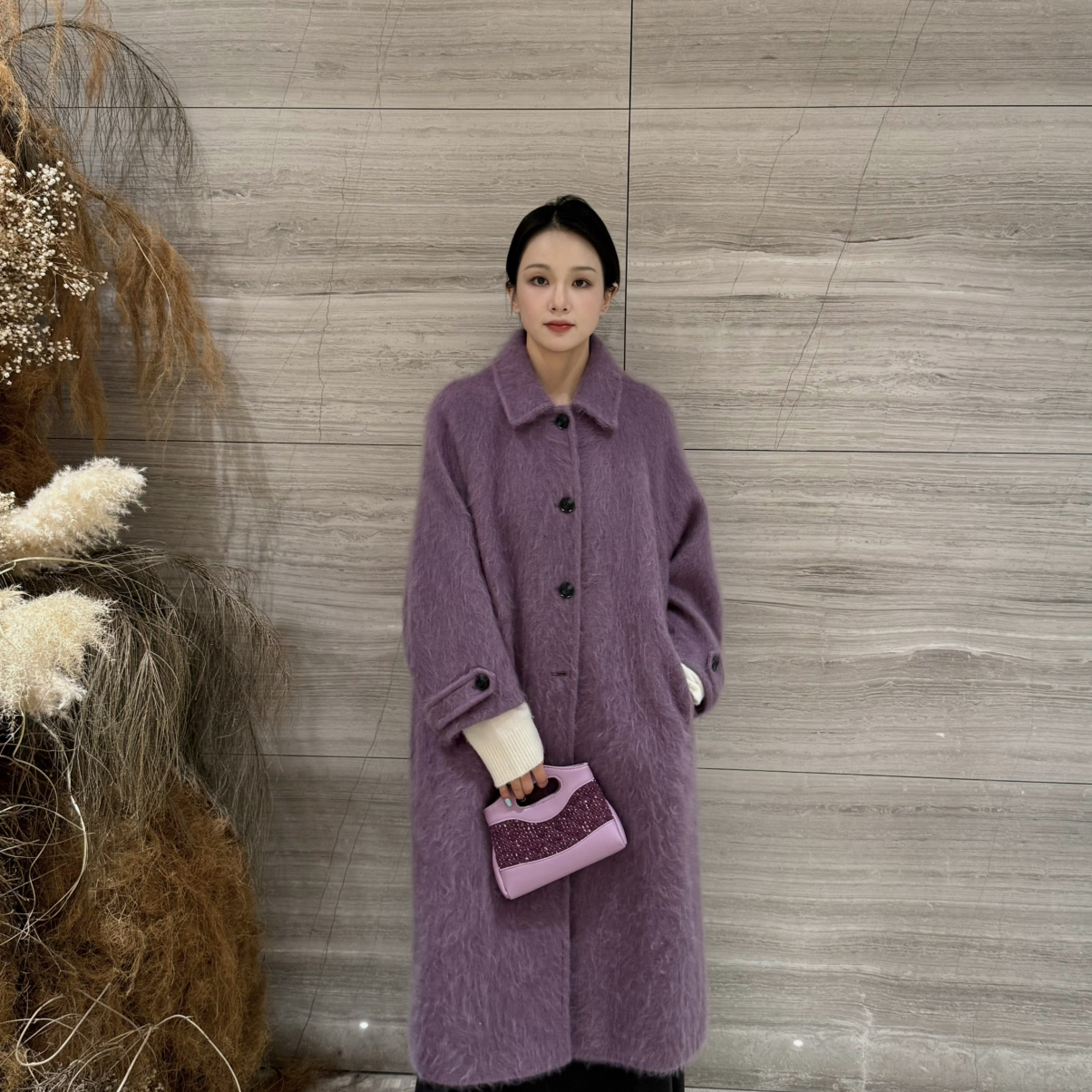 多奢小翻领极简大牌单排扣长款羊毛外套（含90.4绵羊毛）OMX510-1