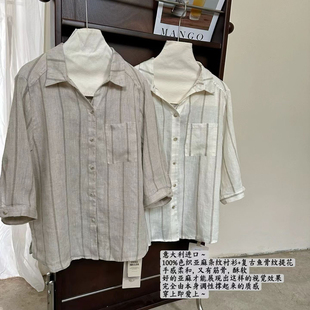 宽松休闲百搭上小衫 M多061 女中袖 多多小众鱼骨纹提花条纹衬衫