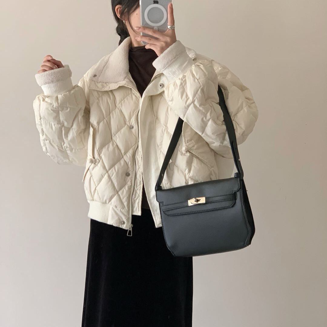 多多小众复古菱格绗缝立领宽松保暖羽绒服外套2232MO