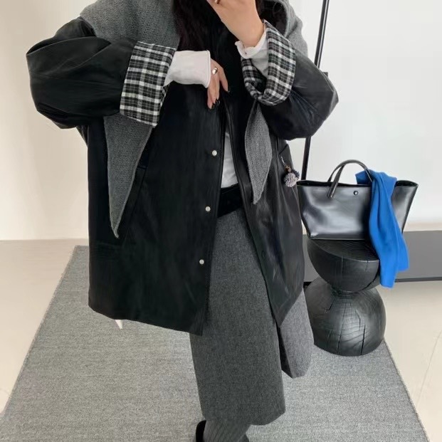 多多冬上新皮质拼接设计感中长款保暖羽绒服外套(配披肩)5118