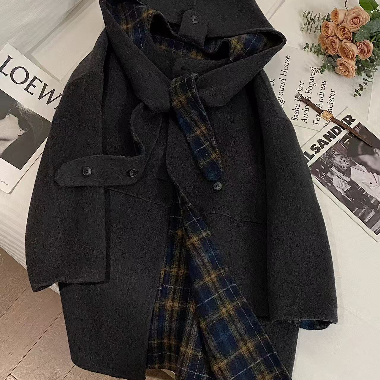 多多排扣宽松羊毛外套(配可拆卸羊毛帽子)（含100羊毛）YS2-n2341