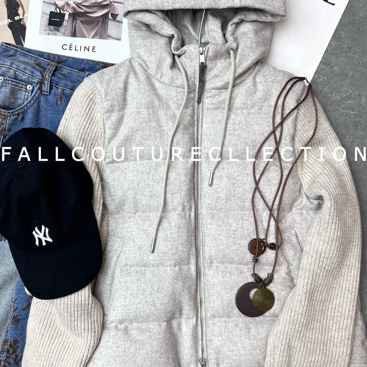 多多冬上新「BC老钱感」90白鹅绒毛呢针织拼接连帽羽绒服19969367