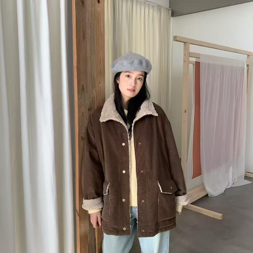 多多店冬上新复古风立领宽松加绒加厚大衣Ym9083