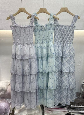 多多新法式蓝色波点无袖背心特别漂亮掐腰高级感连衣裙YS4-85477