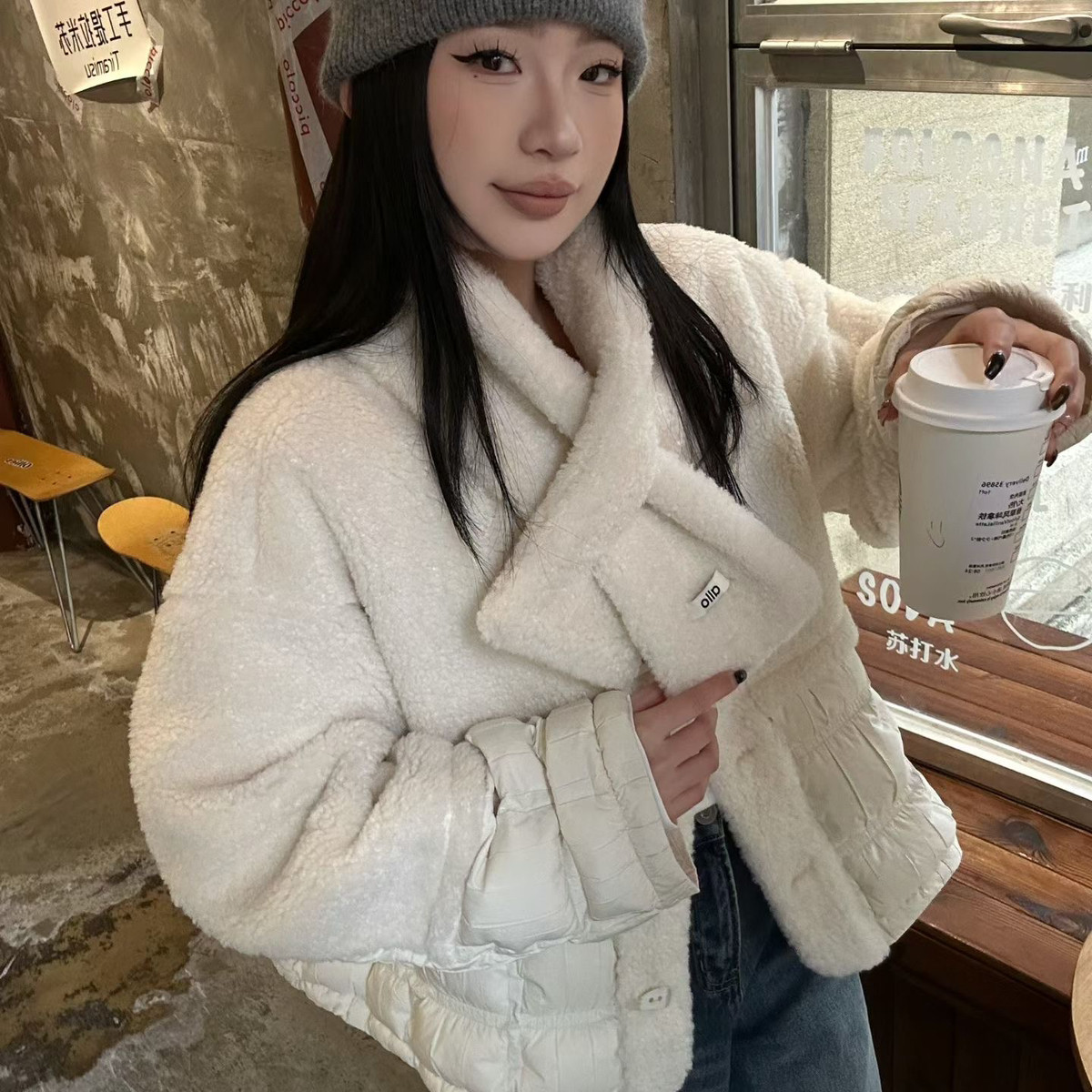 多多店经典拼接时尚百搭显瘦气质保暖羽绒服外套(配围巾)50123