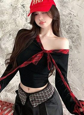 多多花板一字肩单肩领蝴蝶结绑带长袖T恤辣妹上衣小衫20062