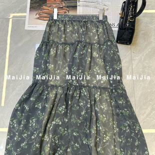 慵懒复古印花半身裙J872 多多小众设计夏上新法式