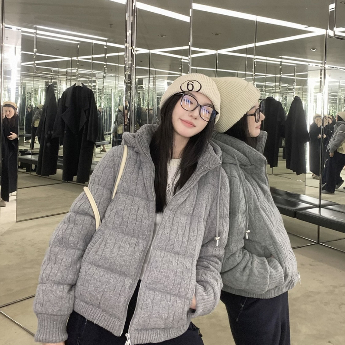 多多百搭纯色连帽绞花毛织加厚保暖拉链设计外套羽绒服A19805